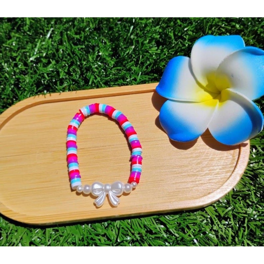 Handmade Clay Bead Bow Bracelet Pink Blue Red Stretchy Heishi Bead Jewelry
